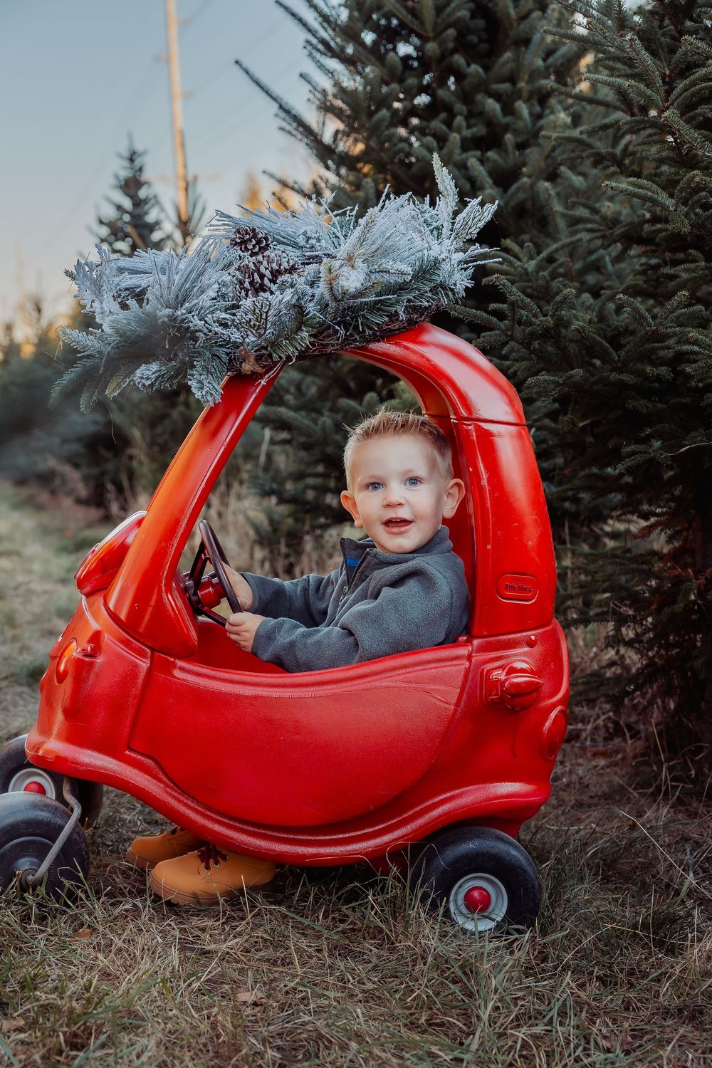 Young boy sitting in red toy car with Christmas tree on top at a festive tree farm.
