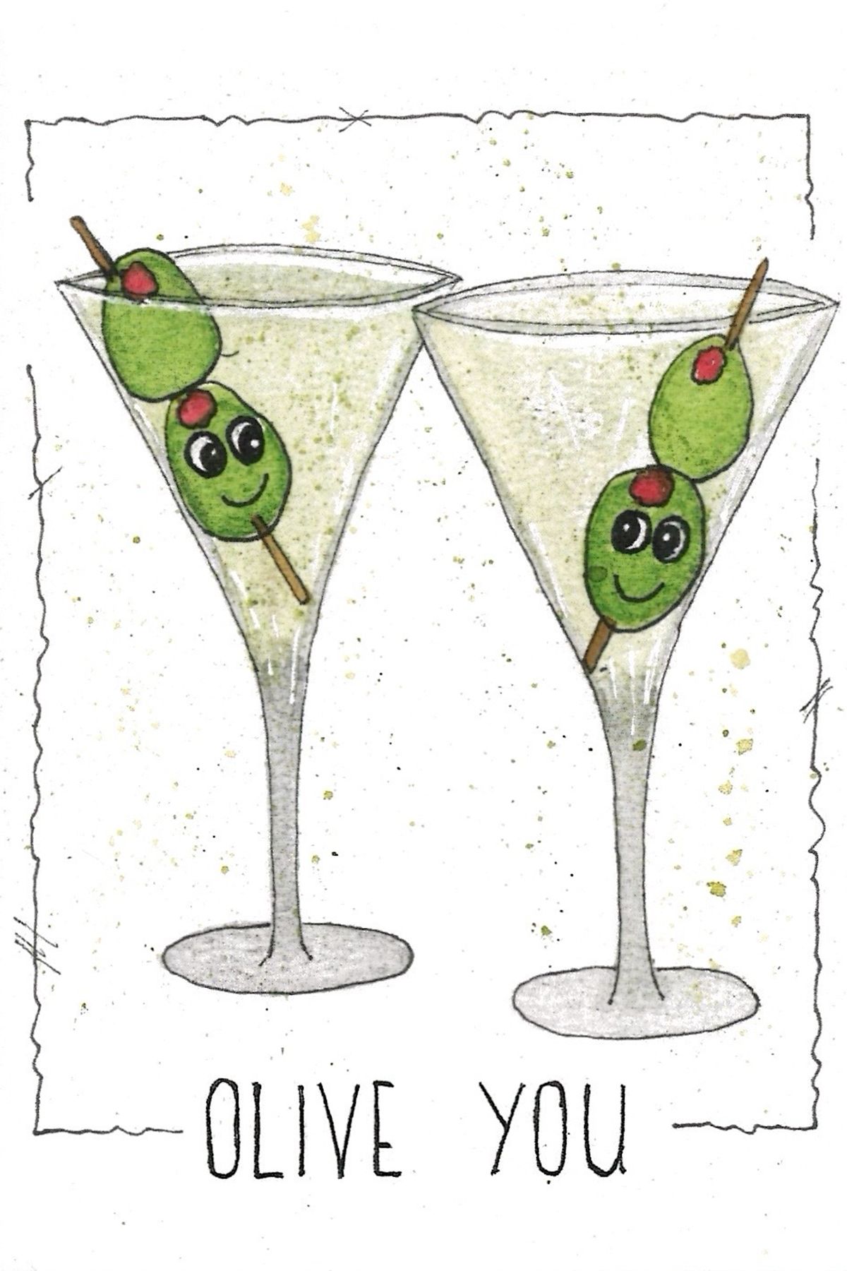 Sequential comic strip of green olives peeking out from martini glasses with text 'Olive You'.