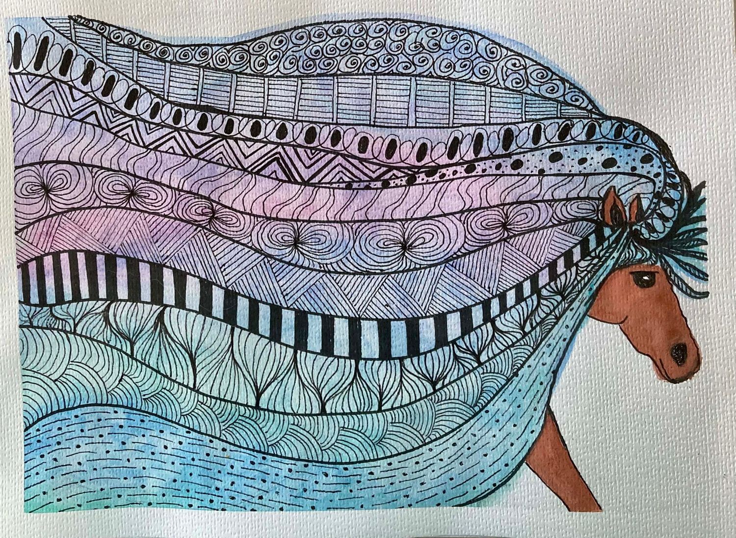 Series of decorative horse illustrations with patterned manes in watercolor blues and purples.
