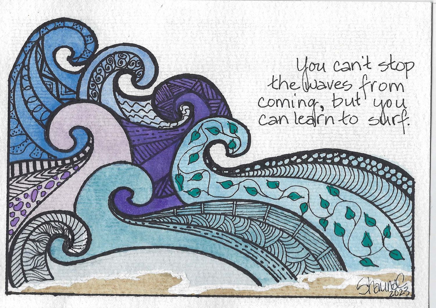 Abstract watercolor waves in blue and purple with decorative swirls and patterns.