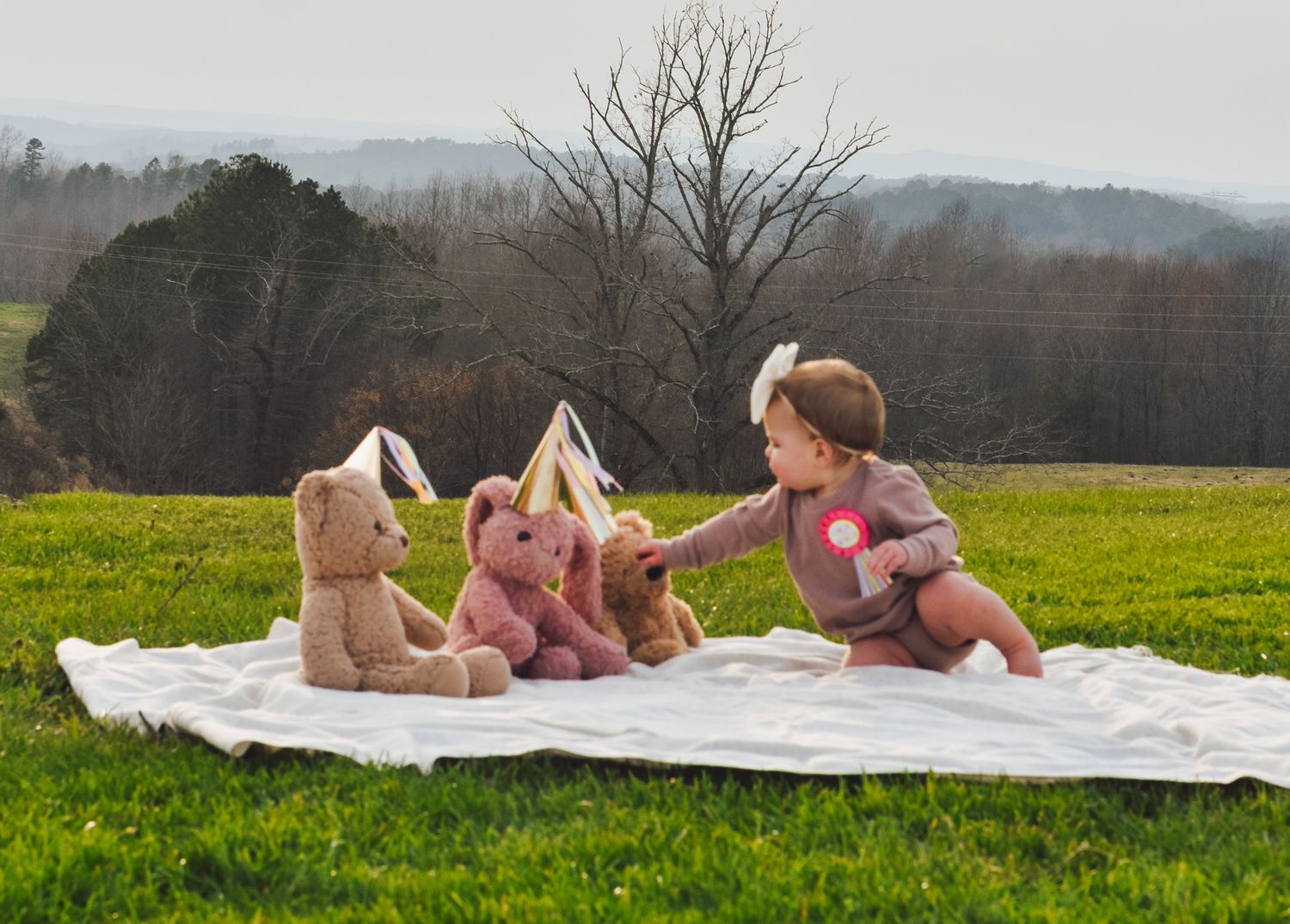 A baby plays with stuffed animals on a white blanket in a green field with mountains in the background.