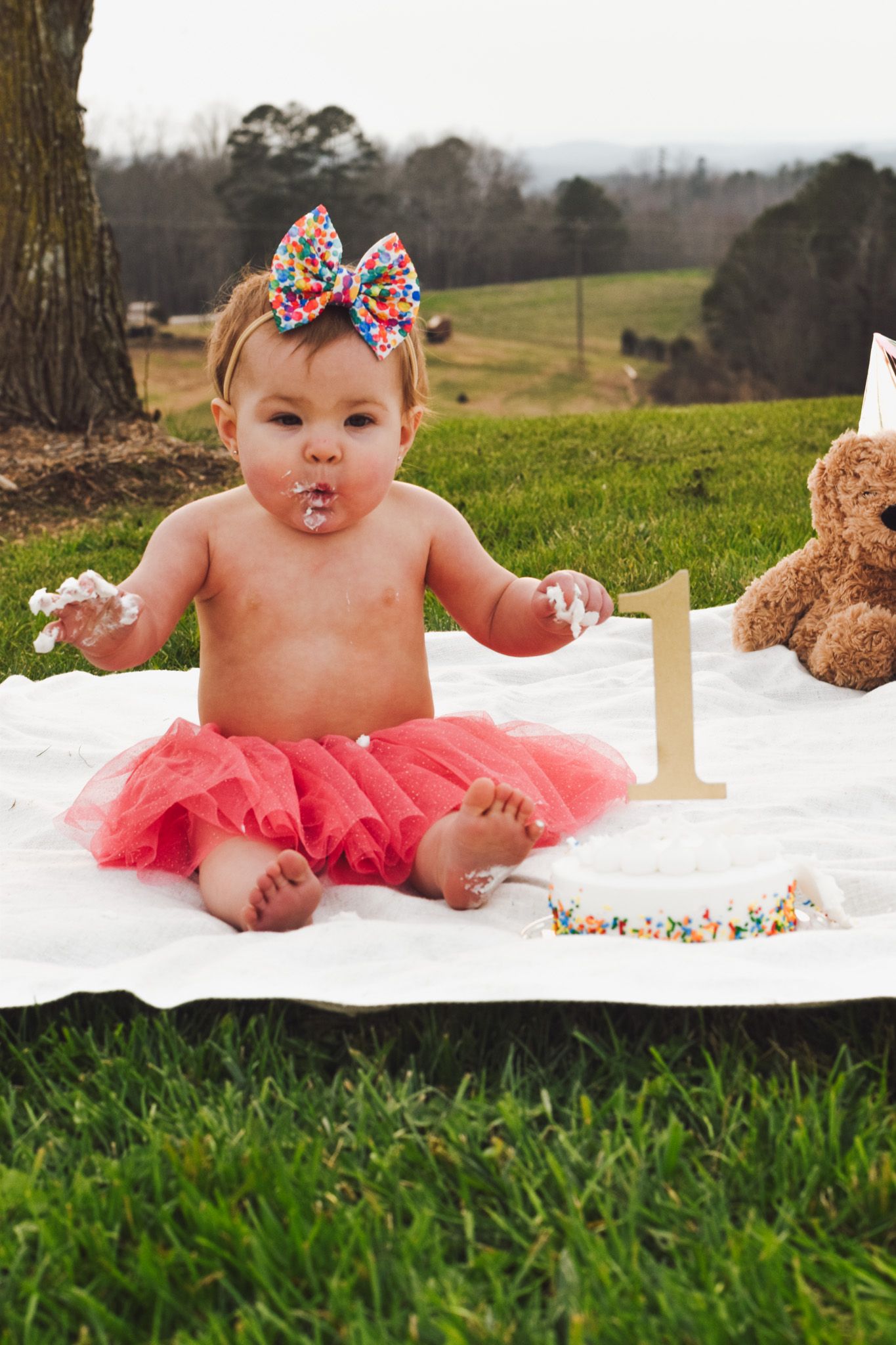 Baby wearing colorful bow and pink tutu sits with cake and number one on white blanket.