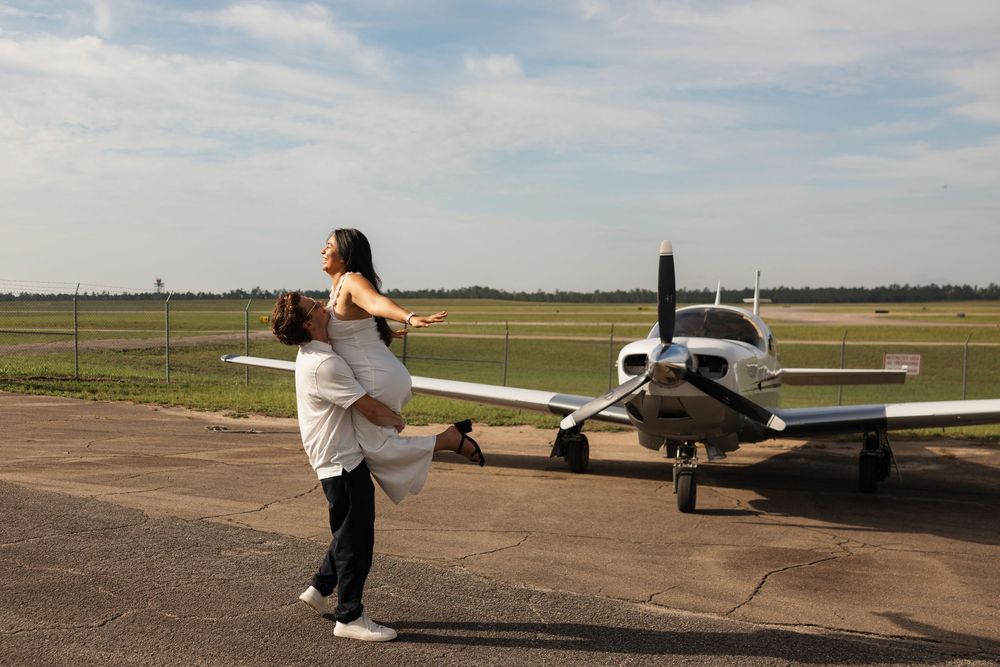 Multiple views of small planes parked on a sunny tarmac with people visible near the aircraft.