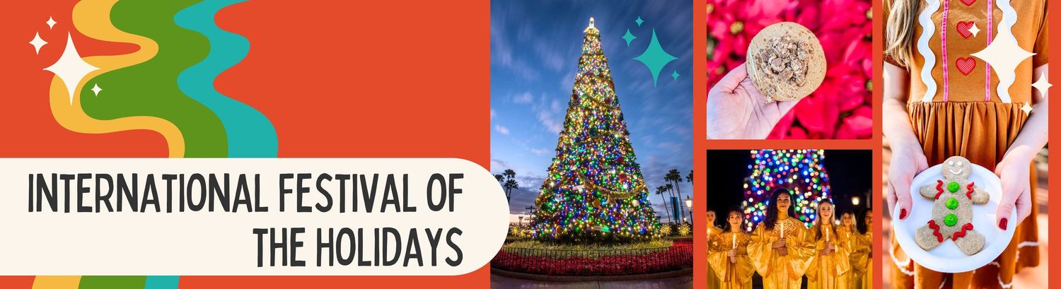 Festive holiday banner with Christmas tree and text 'International Festival of the Holidays'.