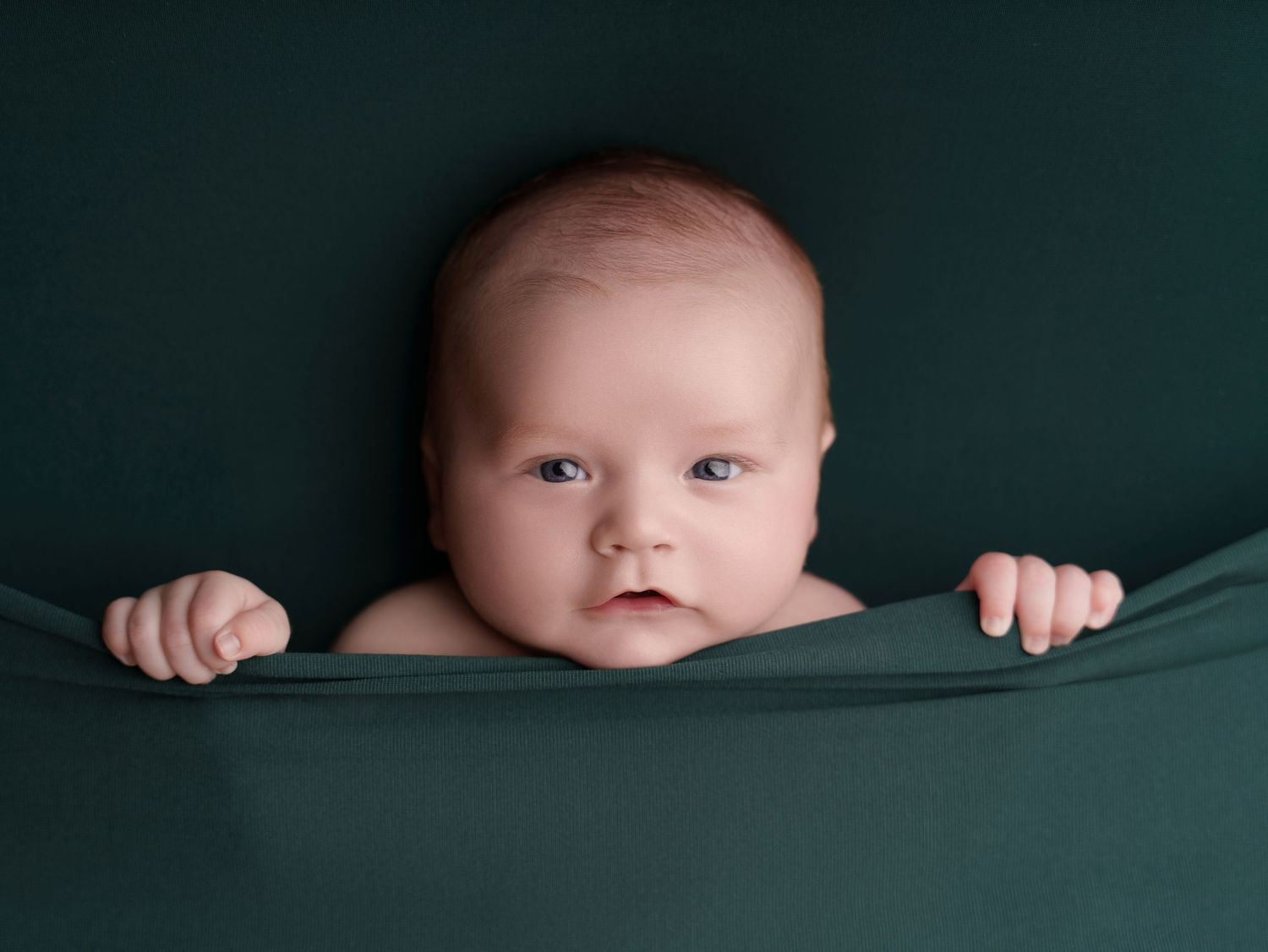A small baby lies peacefully on dark green blankets in a professional newborn photography session.