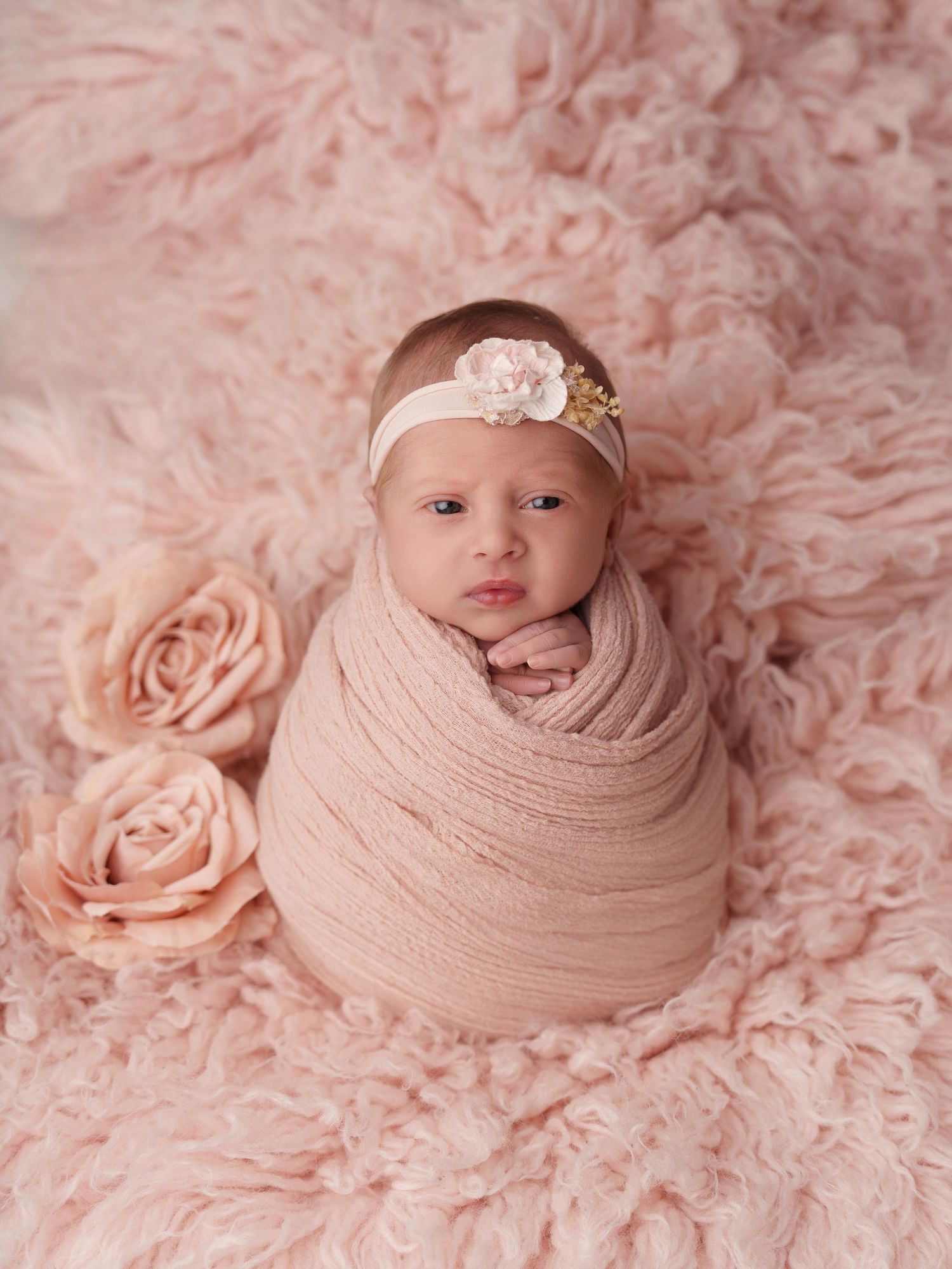 Newborn photography on pink textured background with roses shows baby wrapped in soft blush swaddle with floral headband.