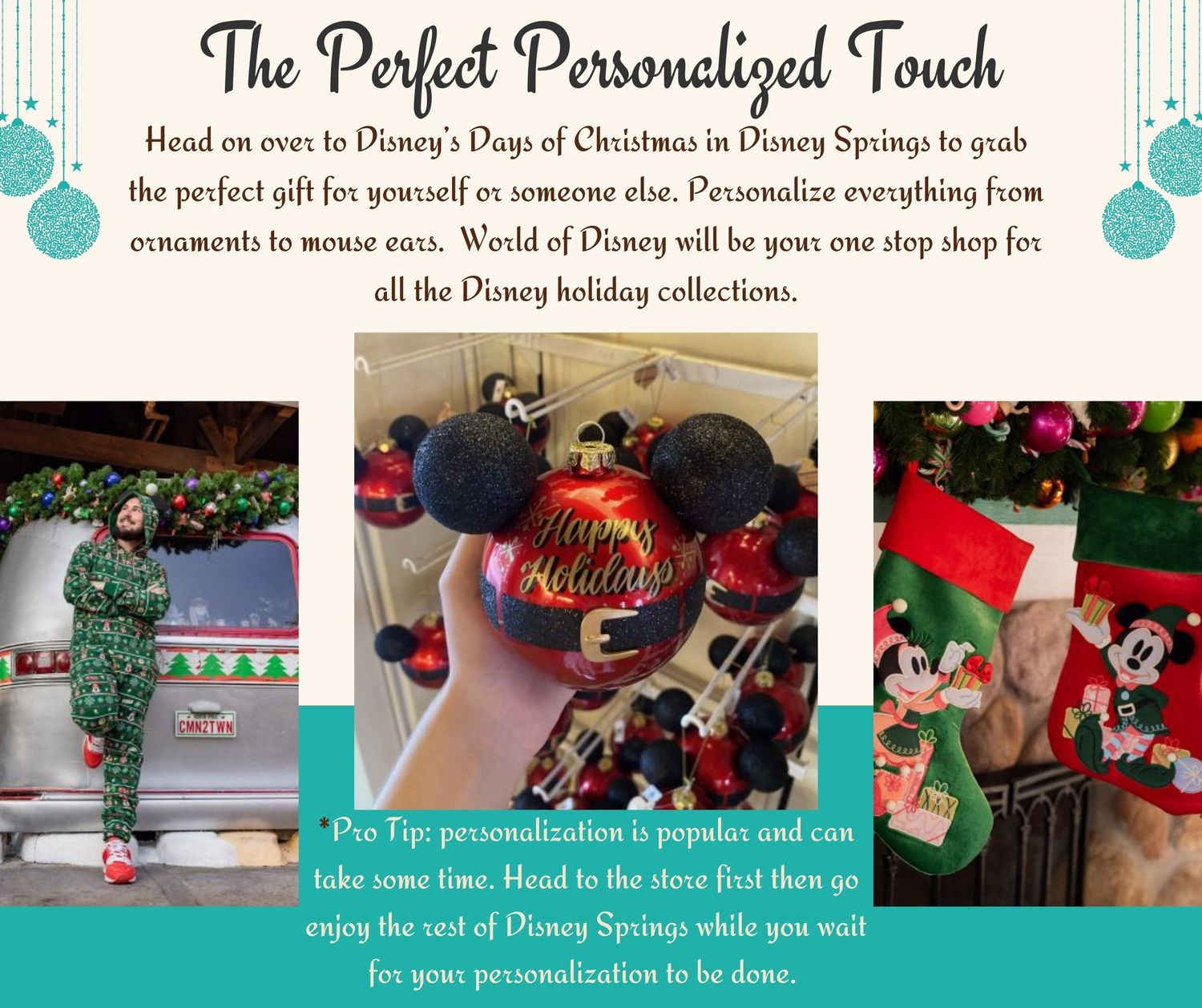 Holiday merchandise displays featuring Christmas decorations and ornaments at Disney retail shop.
