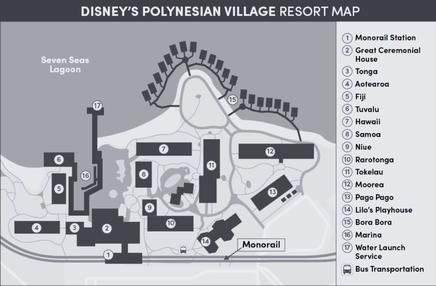 Black and white map layout of Disney's Polynesian Village Resort showing various amenities and buildings.