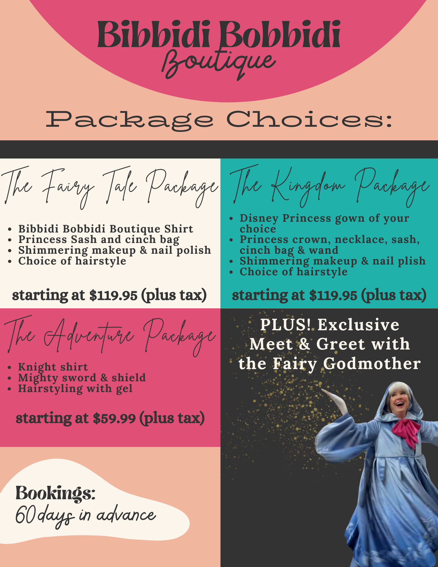 Colorful menu board showing different princess makeover package options and pricing.