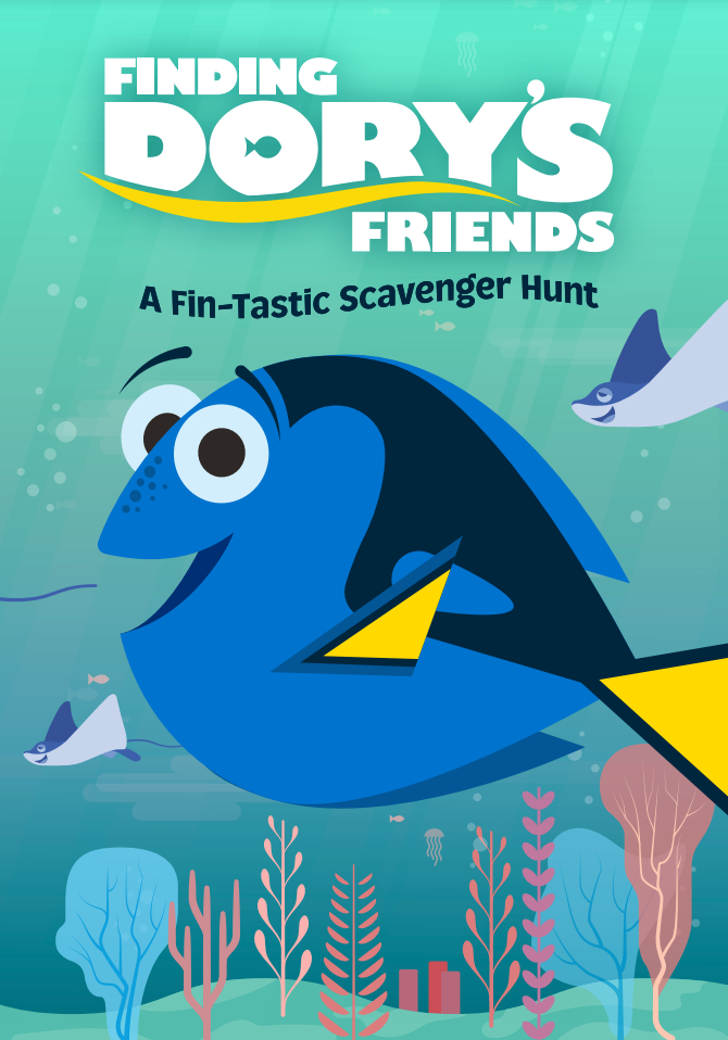 Animated movie poster featuring Dory the blue fish swimming underwater with coral and plants.