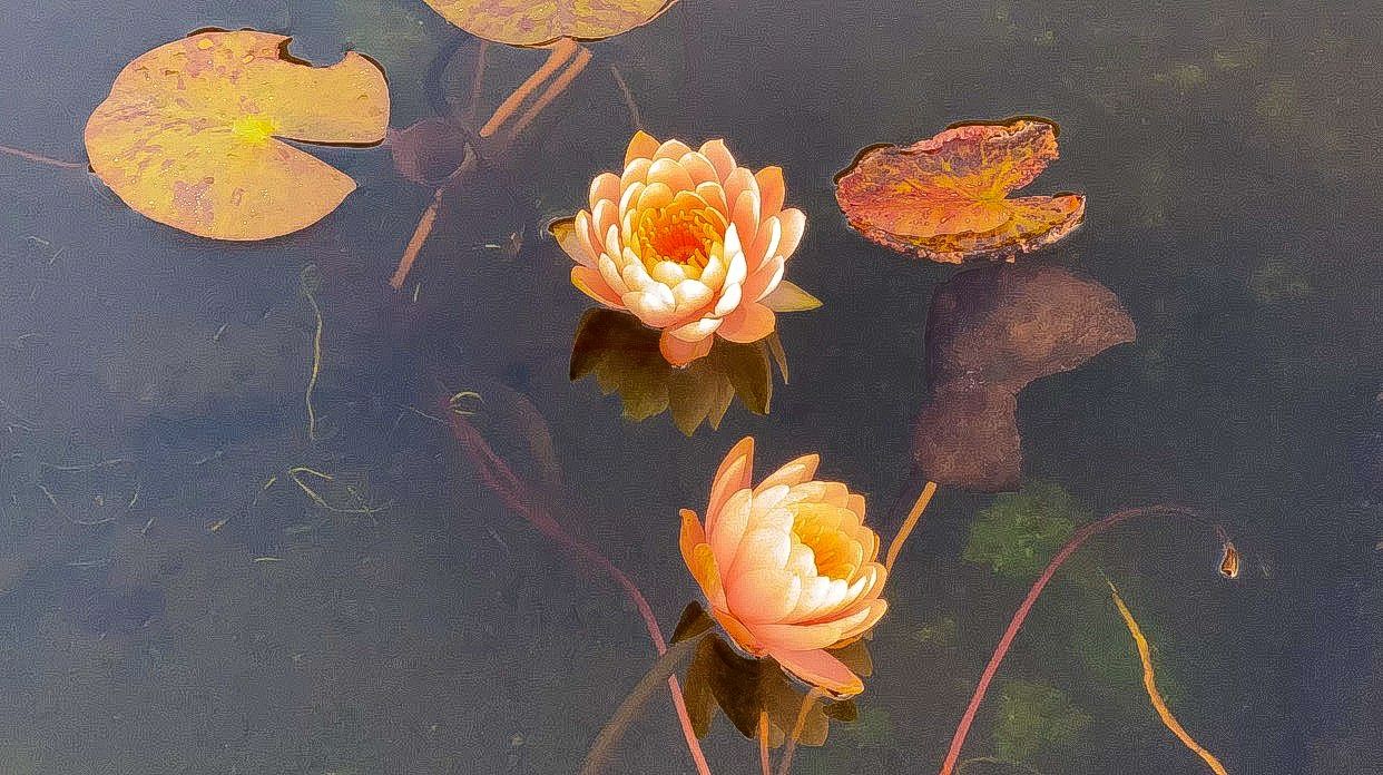 Orange water lilies and lily pads floating on dark reflective water.