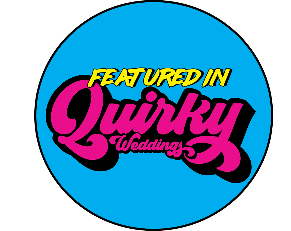 Bright blue circular logo with retro-style pink and yellow text reading 'Featured in Quirky Weddings'.