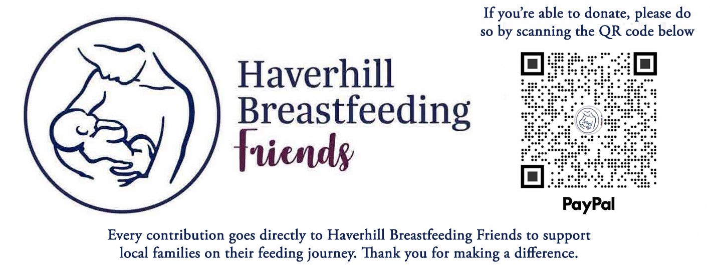 Social media banner showing Haverhill Breastfeeding Friends logo with PayPal QR code for donations.