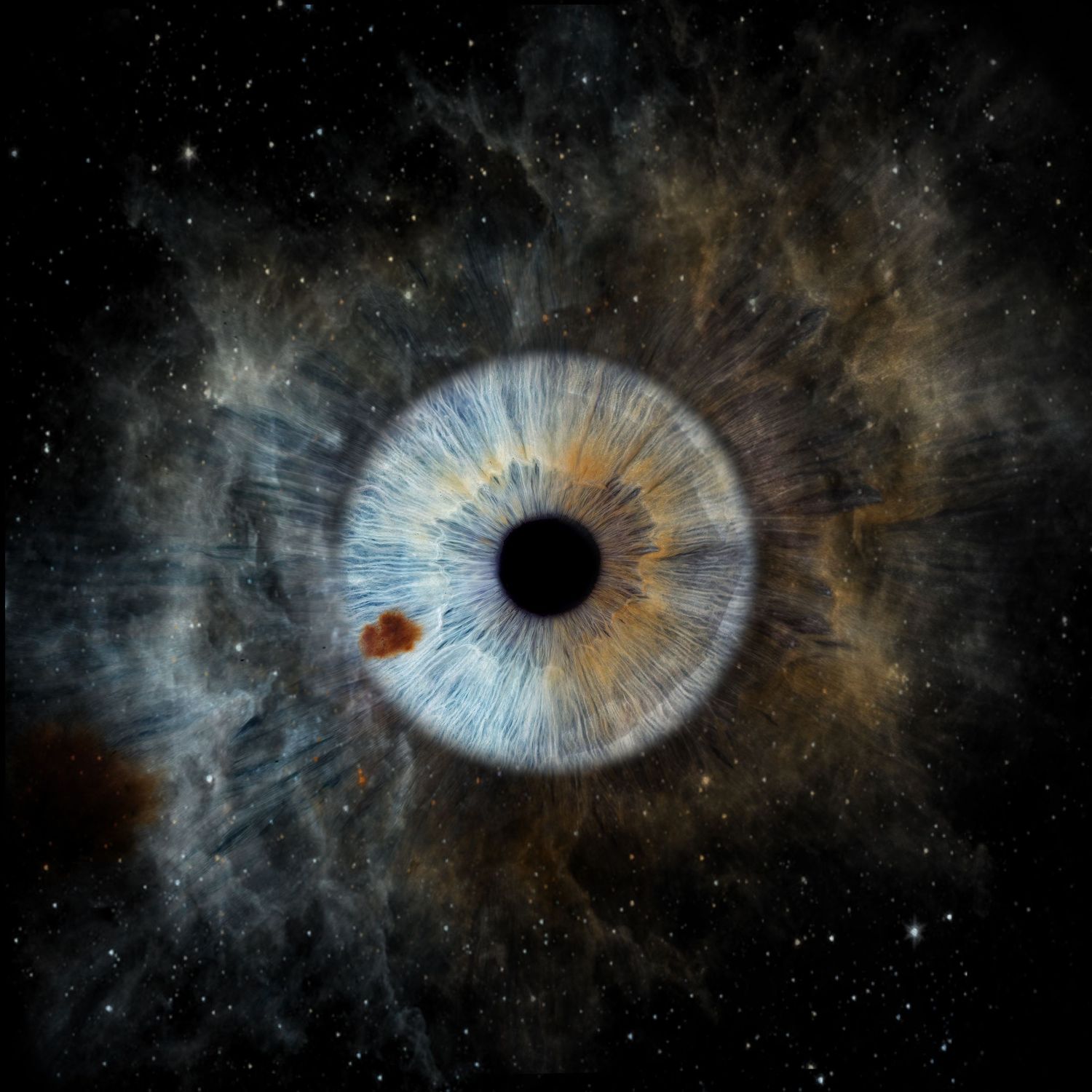 Close-up of a blue and amber iris superimposed on a cosmic nebula background with stars and gas clouds.