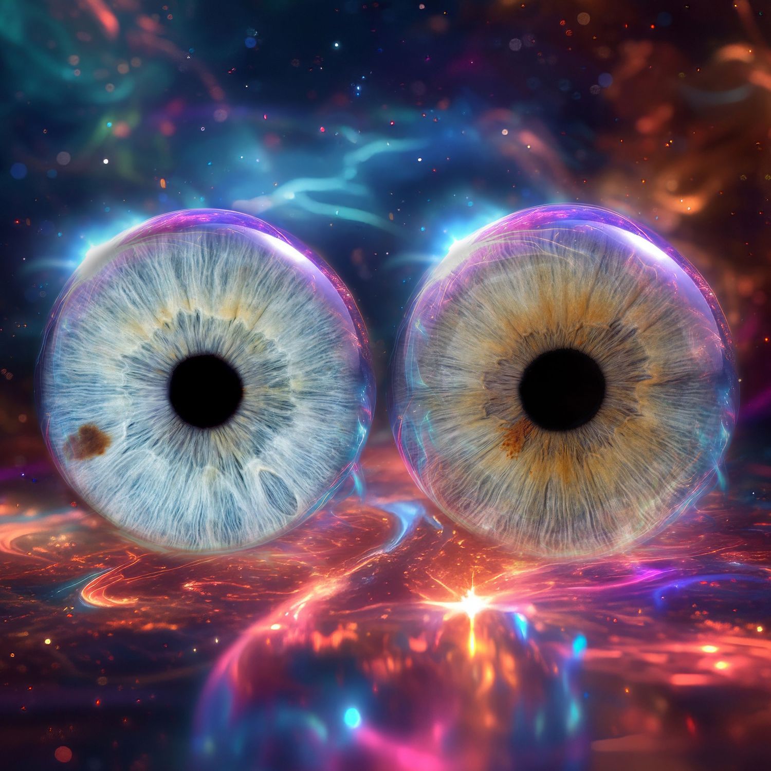 Surreal digital art shows two detailed human irises floating in a cosmic nebula with swirling blue and orange colors.