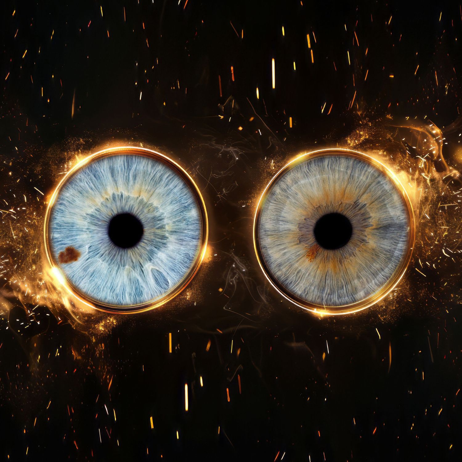 Two glowing blue irises with fiery, sparking effects surrounding them against a dark background.