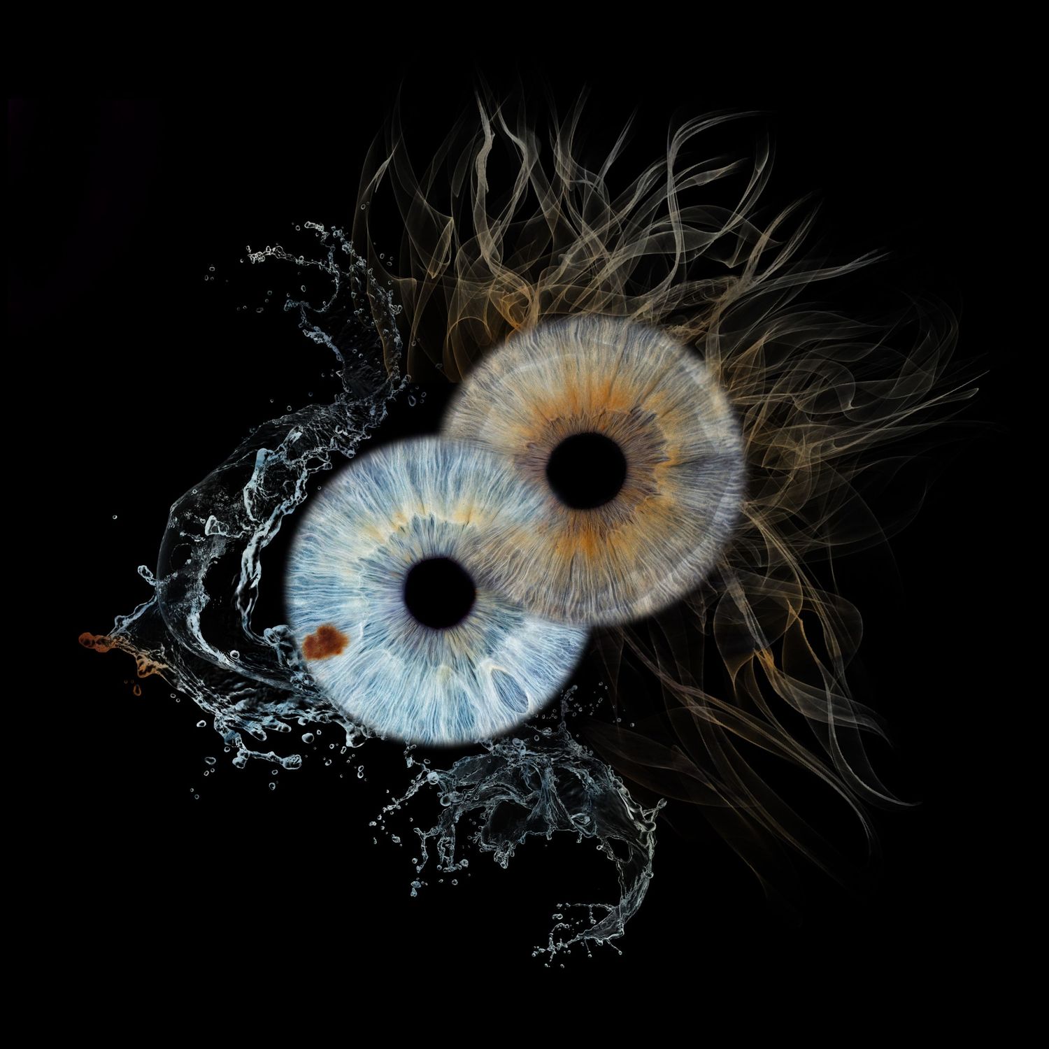 Artistic digital composition of two blue iris eyes with water and fire effects against black background.