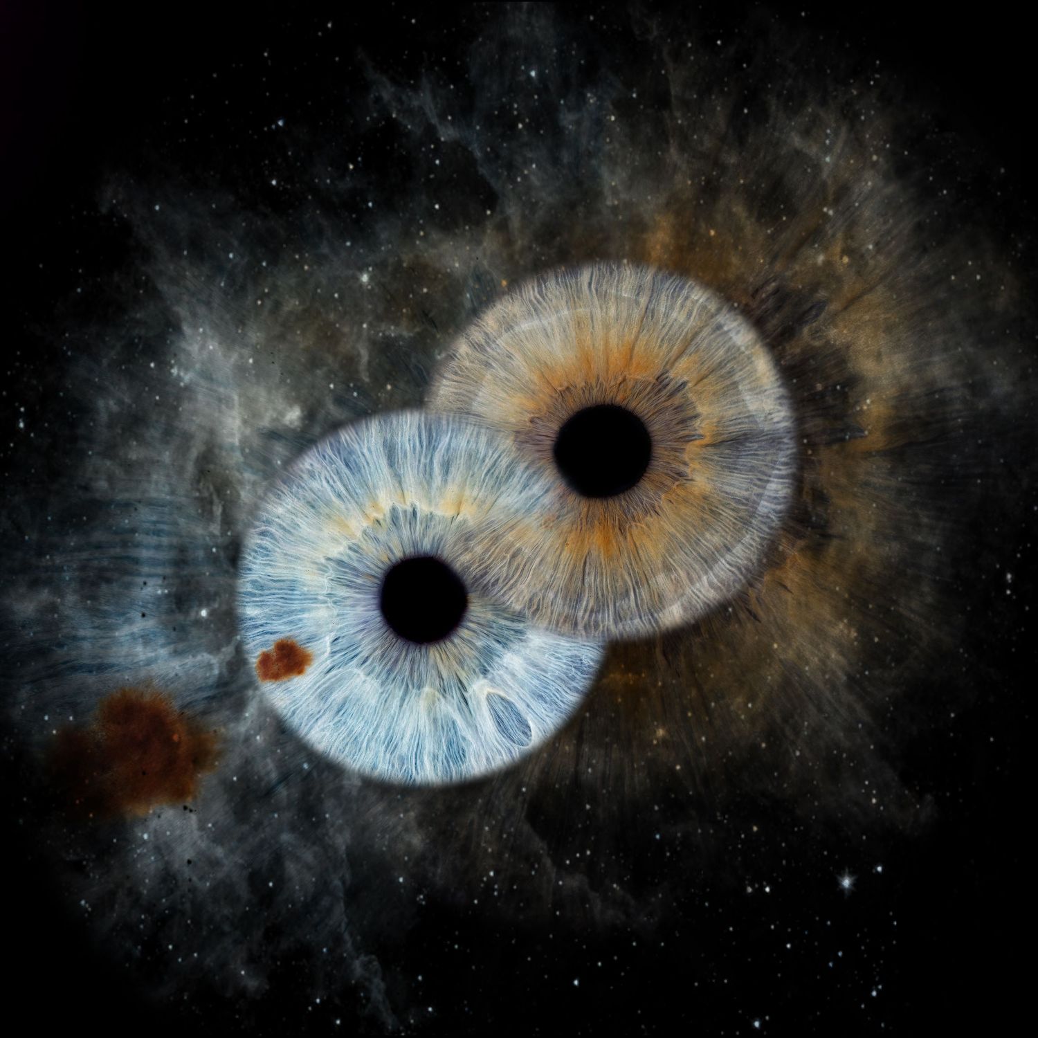 Artistic space nebula sequence showing a cosmic eye-like formation dissolving into darkness with blue and orange hues.