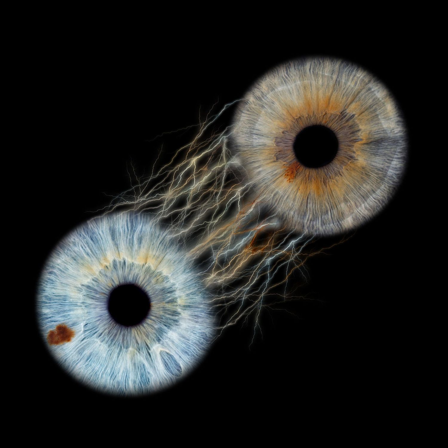 Sequence of abstract macro photographs showing blue and amber iris patterns with flowing organic textures in dark backgrounds.
