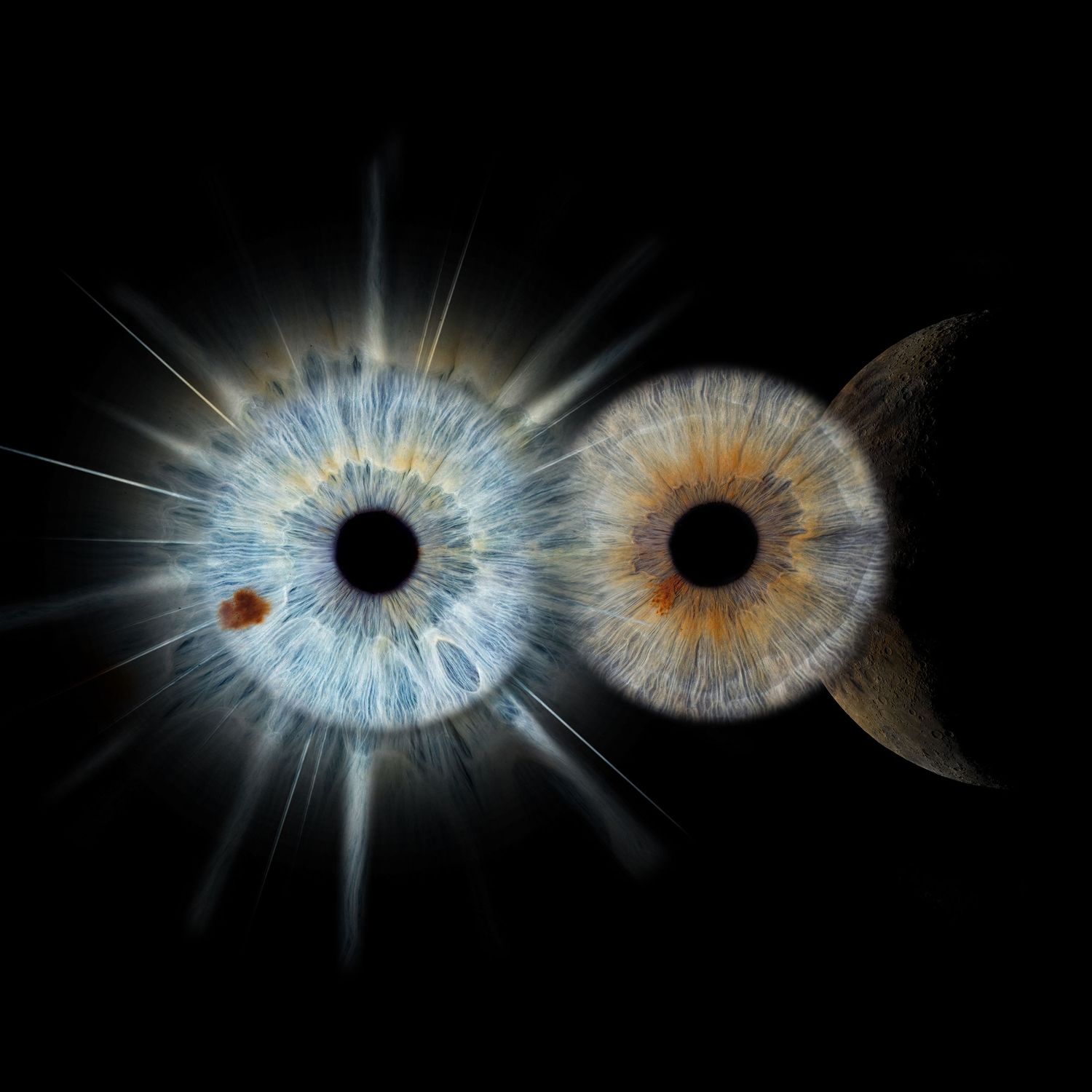 Artistic digital illustration of two glowing irises resembling celestial bodies against a black background.