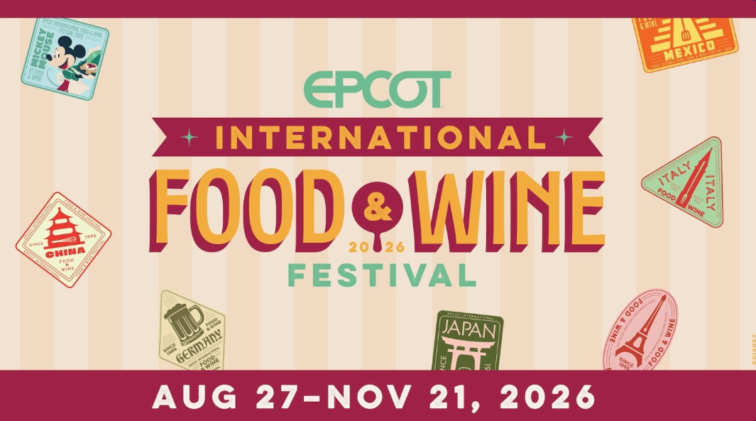 Promotional art for EPCOT International Food & Wine Festival featuring an illustrated figure holding food and drinks.