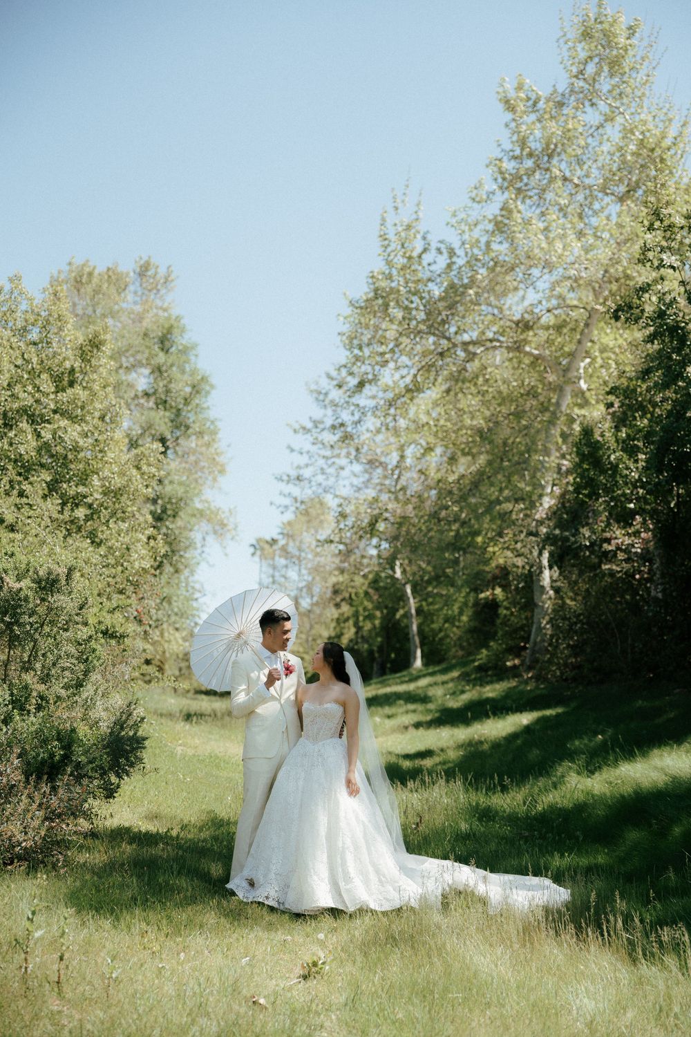 A romantic wedding scene in a sun-dappled olive grove with a couple in white attire sharing tender moments.