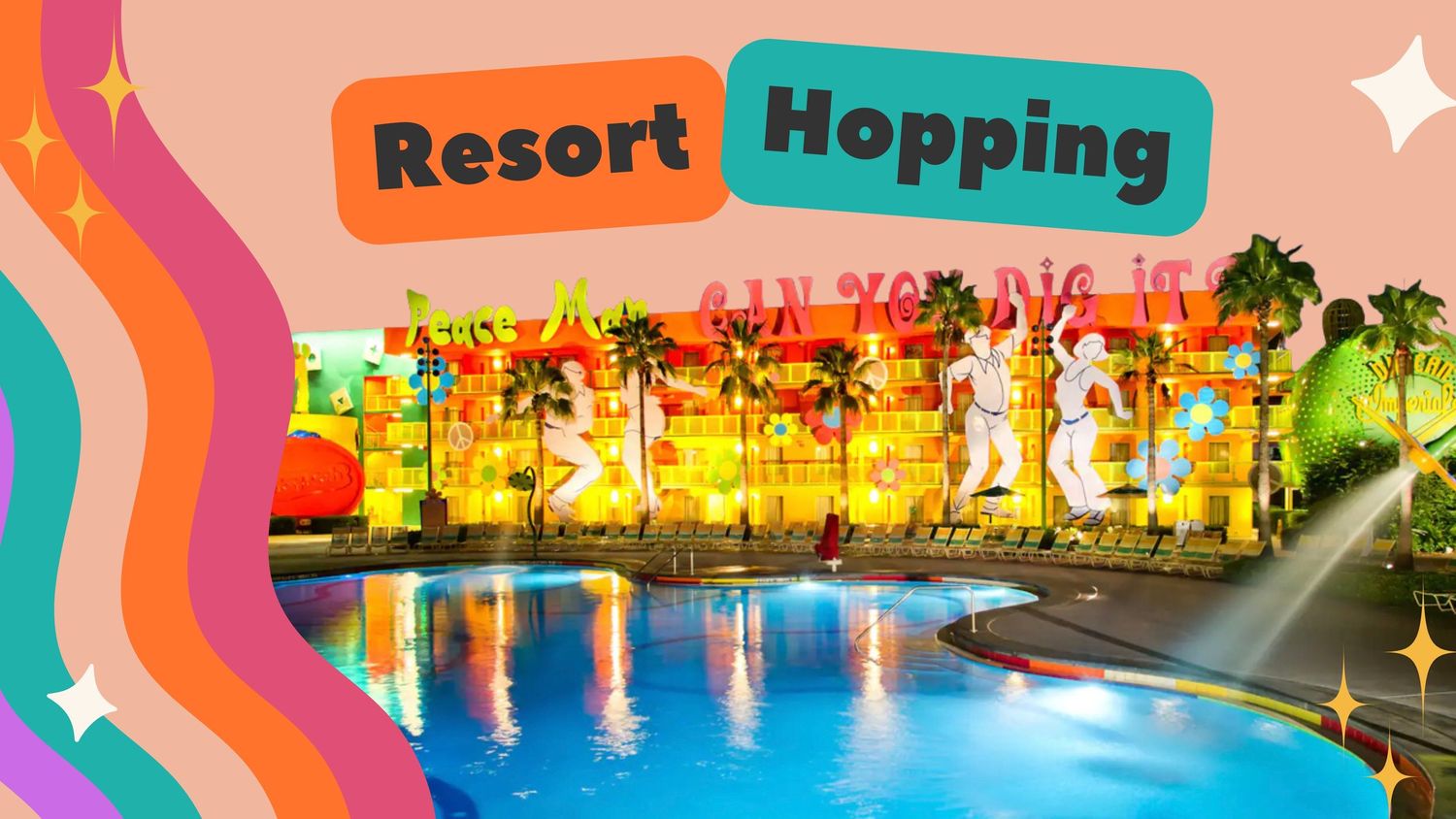 Illuminated Disney resort pool at night with colorful text overlay.