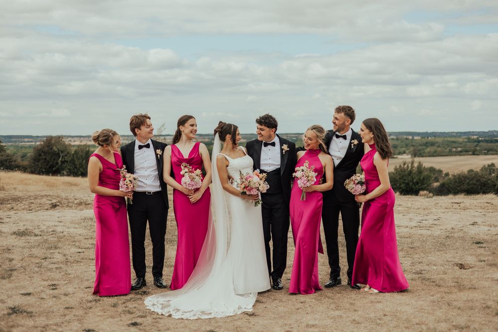 Wedding party in pink bridesmaid dresses and black tuxedos posing outdoors on sandy terrain under cloudy skies.