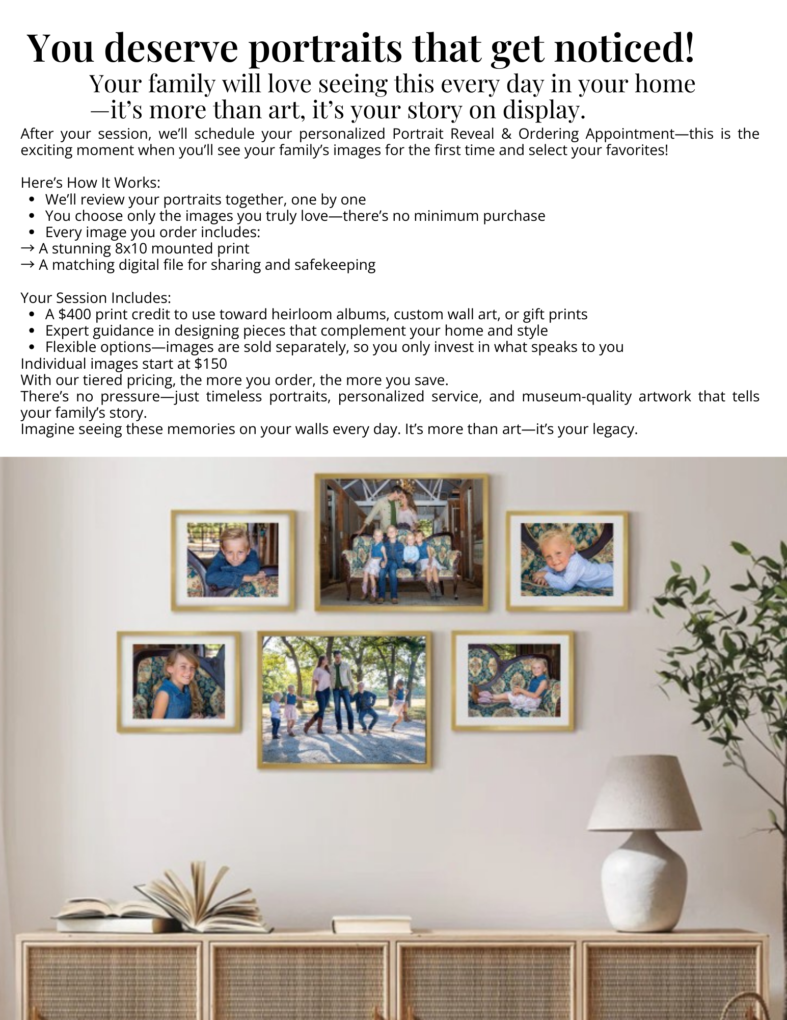 A colorful photography studio advertisement banner with rainbow swirls and text about luxury family photo sessions.