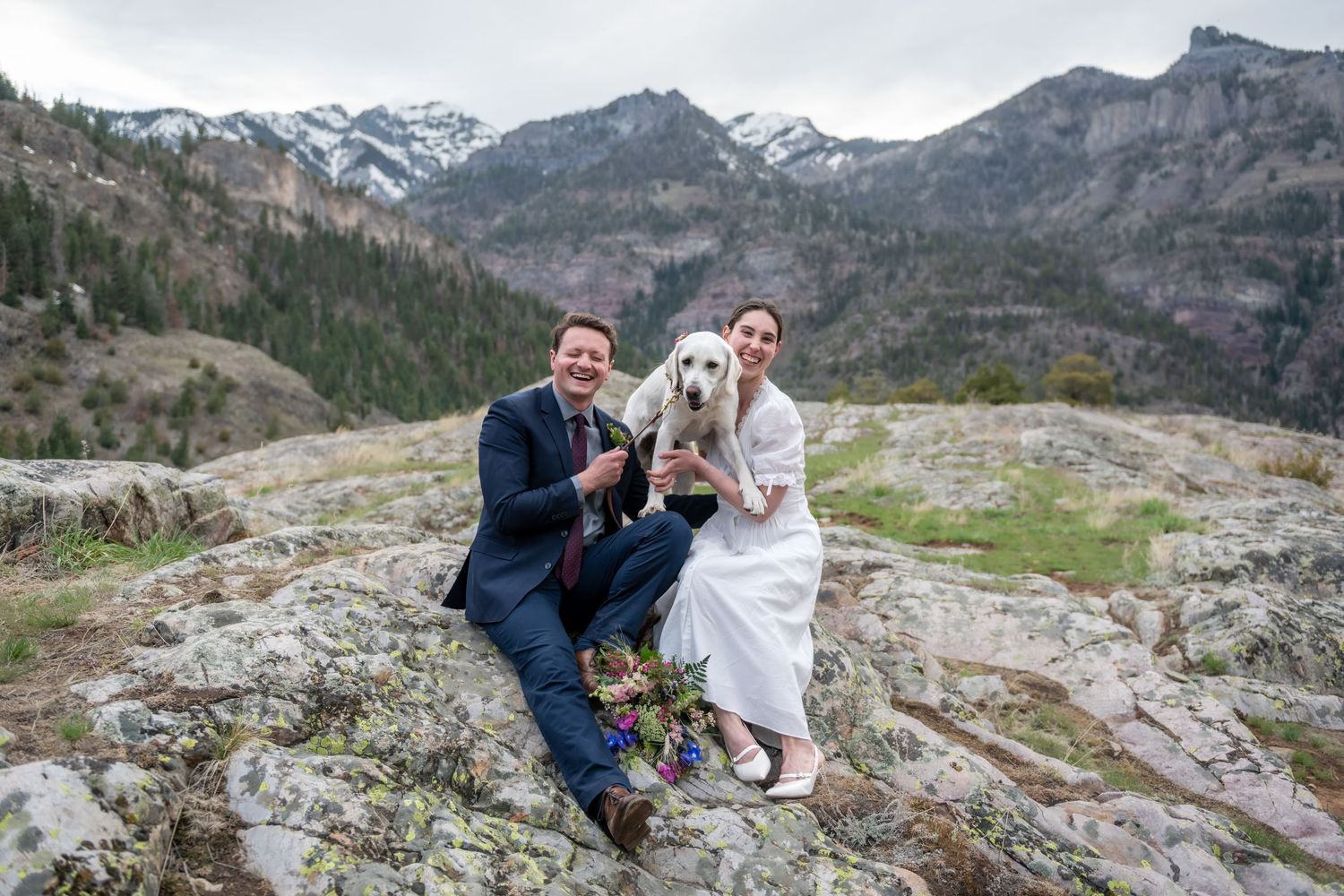 A bride and groom sit on a rocky mountain hillside. Their white dog is jumping over their shoulders, they are laughing in the image.