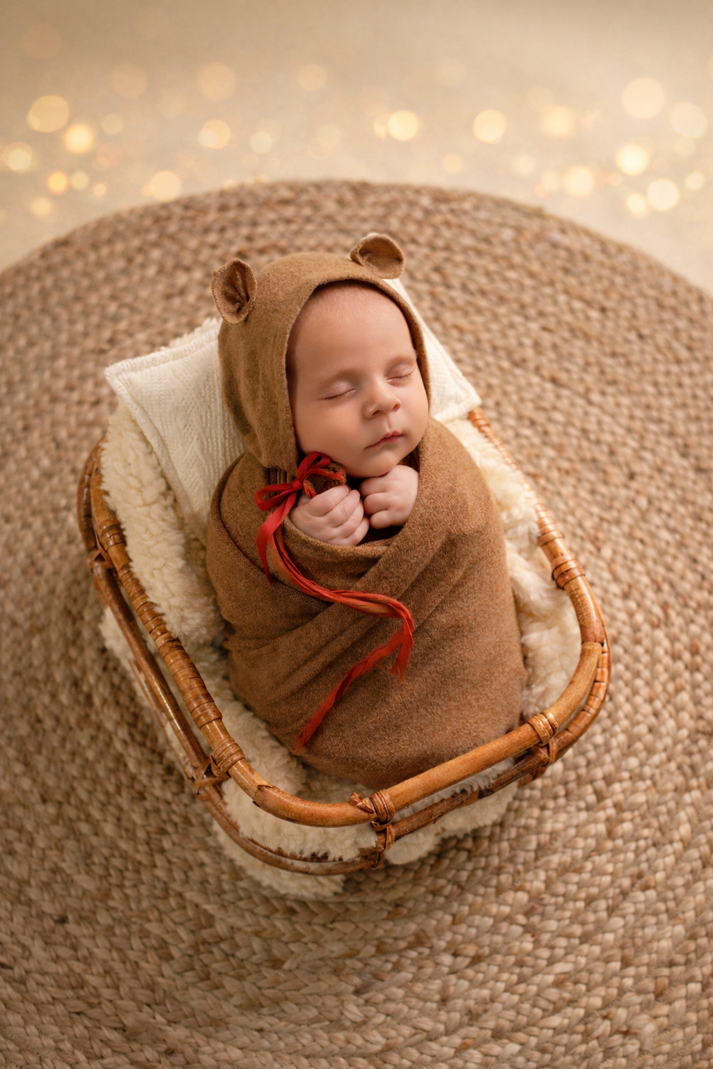 A series of photos showing a swaddled baby in a brown wrap lying in a cozy basket on a textured beige surface.