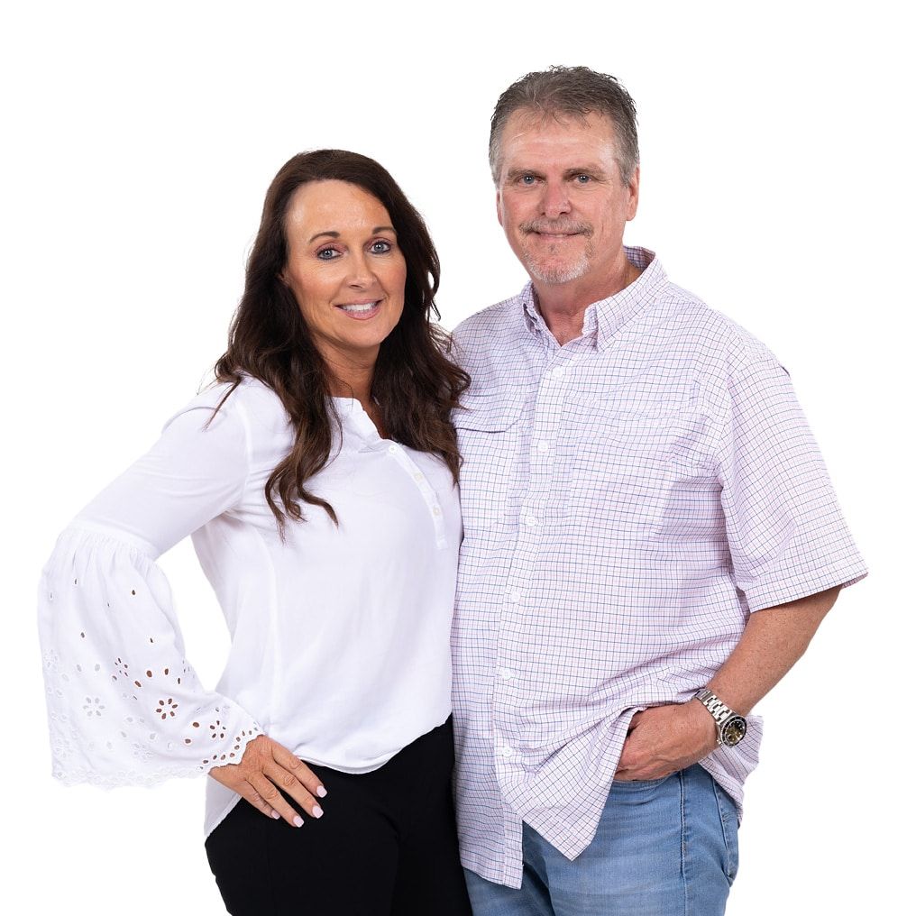 Couple in casual white and checkered attire posing together in multiple poses against white background.