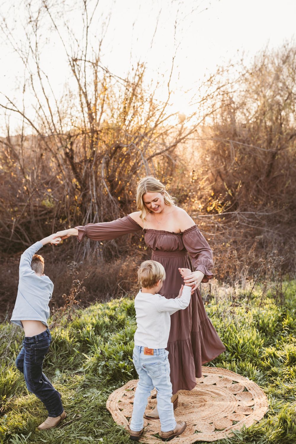 A sequence of candid moments captured at sunset in a natural outdoor setting with tall grass and autumn foliage.