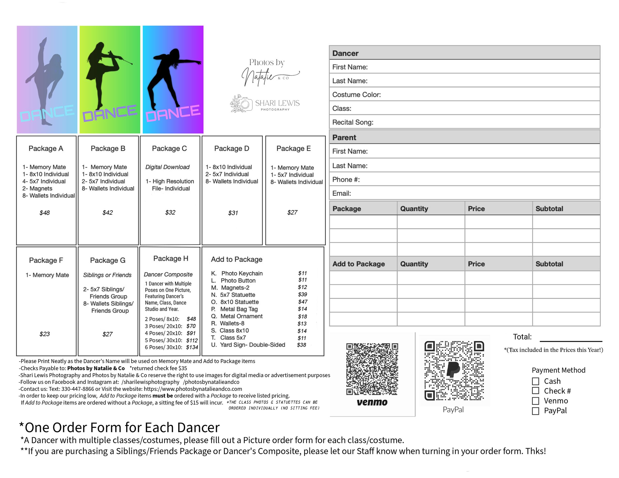 Dance registration form template with colorful silhouettes and detailed scheduling sections.