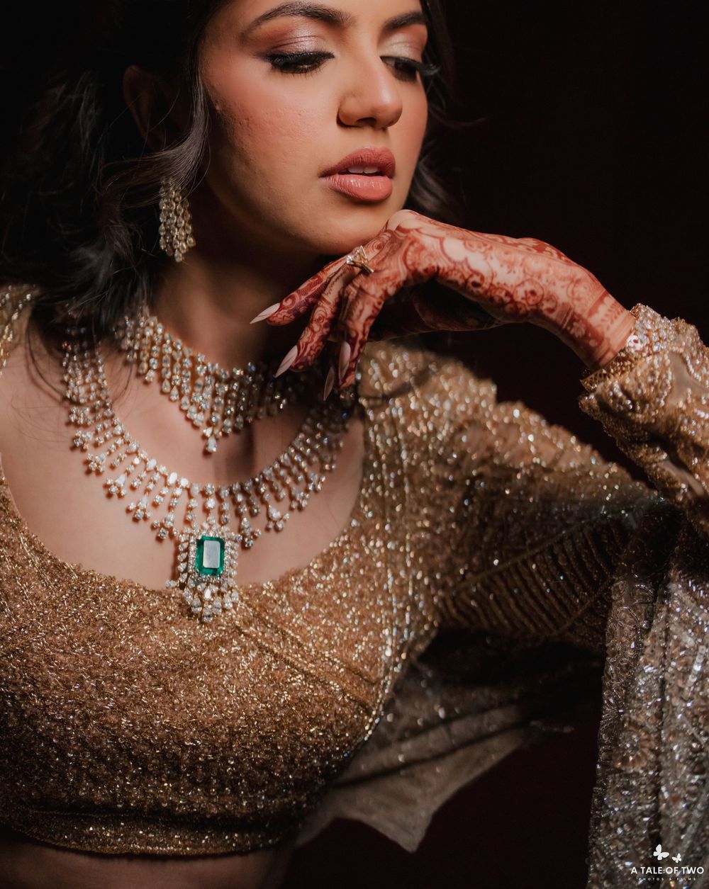 Close-up shots of traditional South Asian bridal jewelry and henna-adorned hands with ornate necklaces and embellishments.