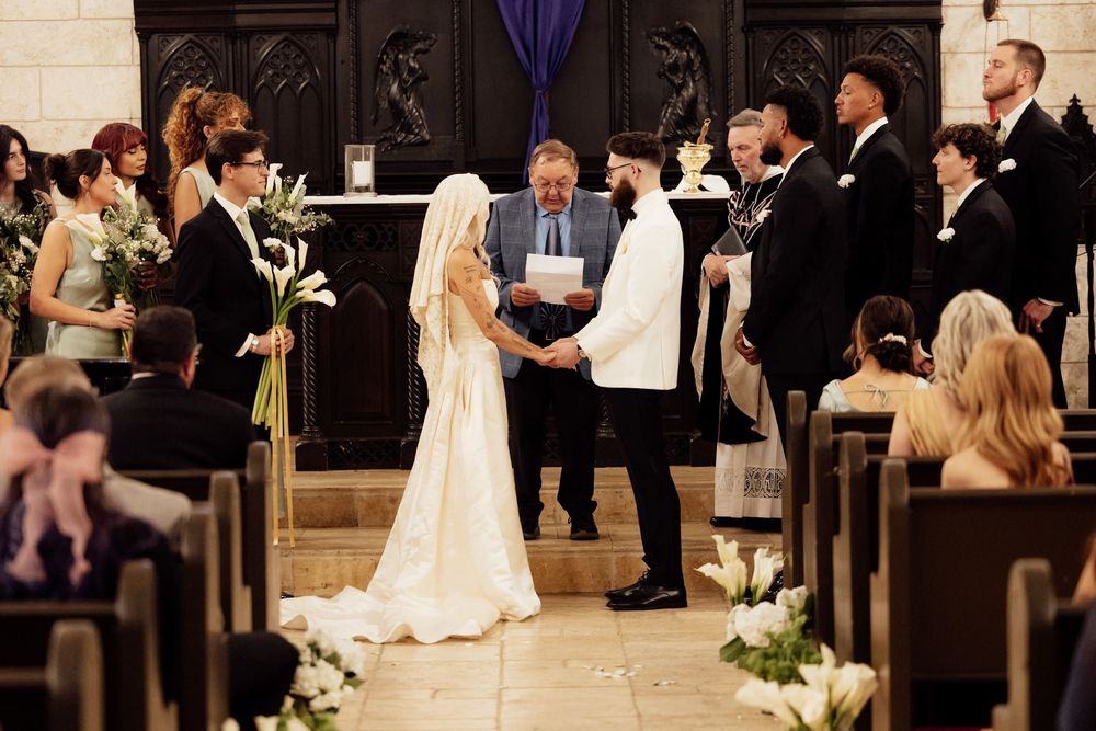 Sequence of black and white wedding ceremony photos showing various moments during a traditional church service.