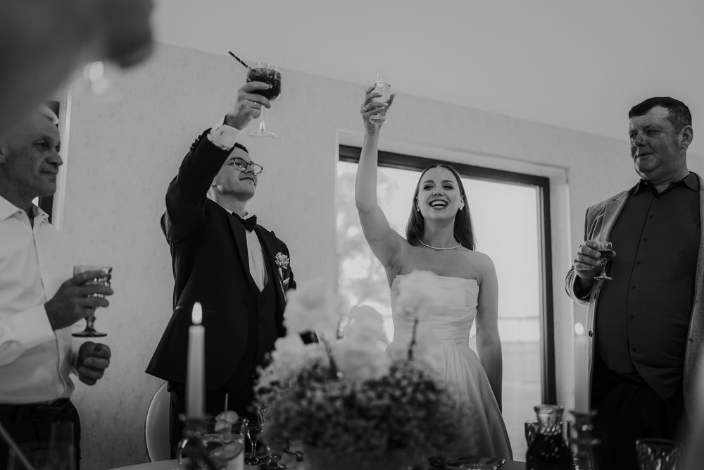 Wedding guests raising glasses in a celebratory toast at reception party.