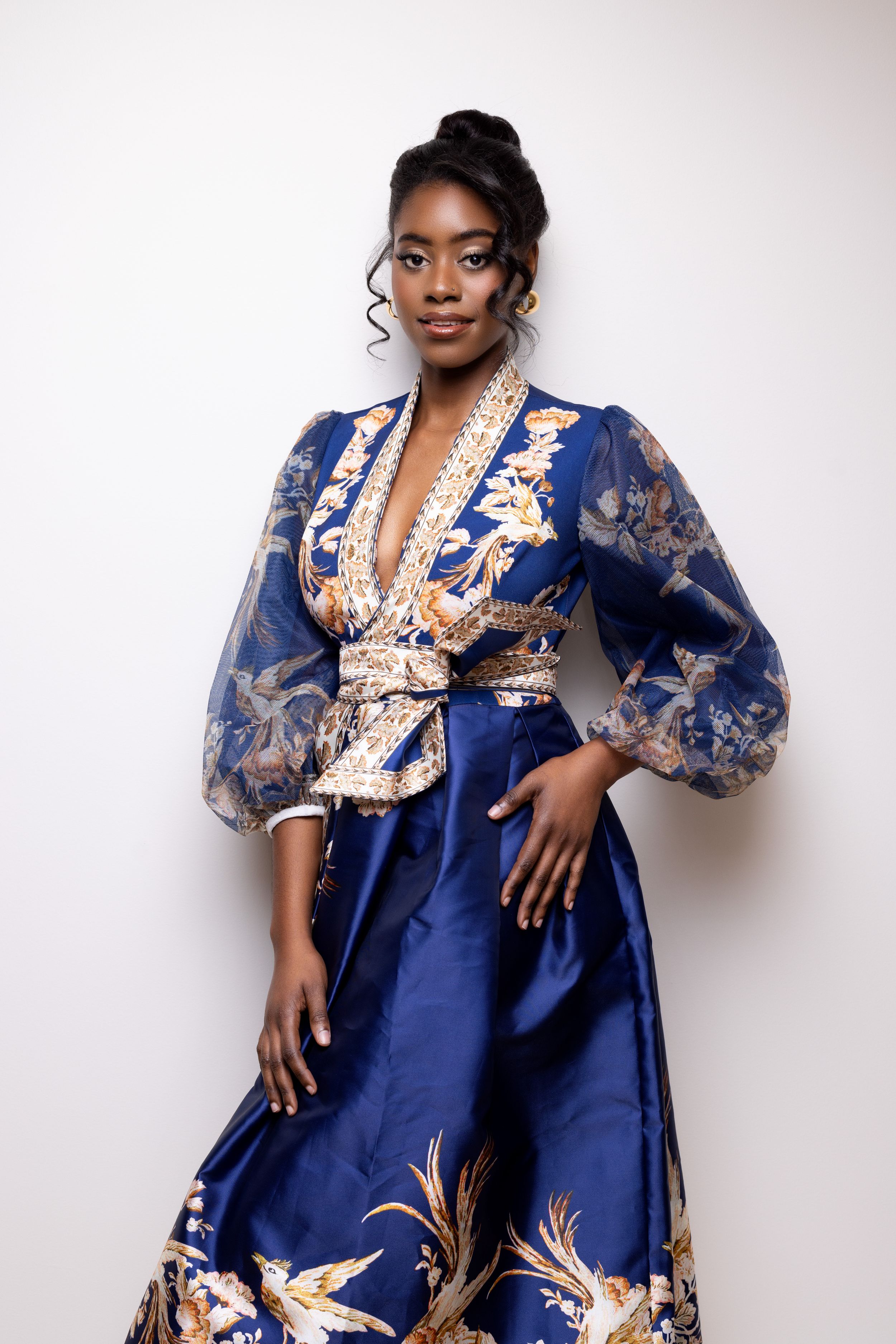 A person wearing an elegant blue and gold patterned dress with puff sleeves and a plunging neckline poses against white background.