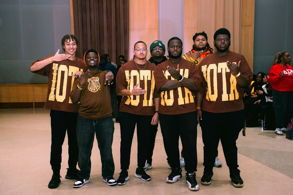 Performers wearing matching brown shirts lined up on stage during show.