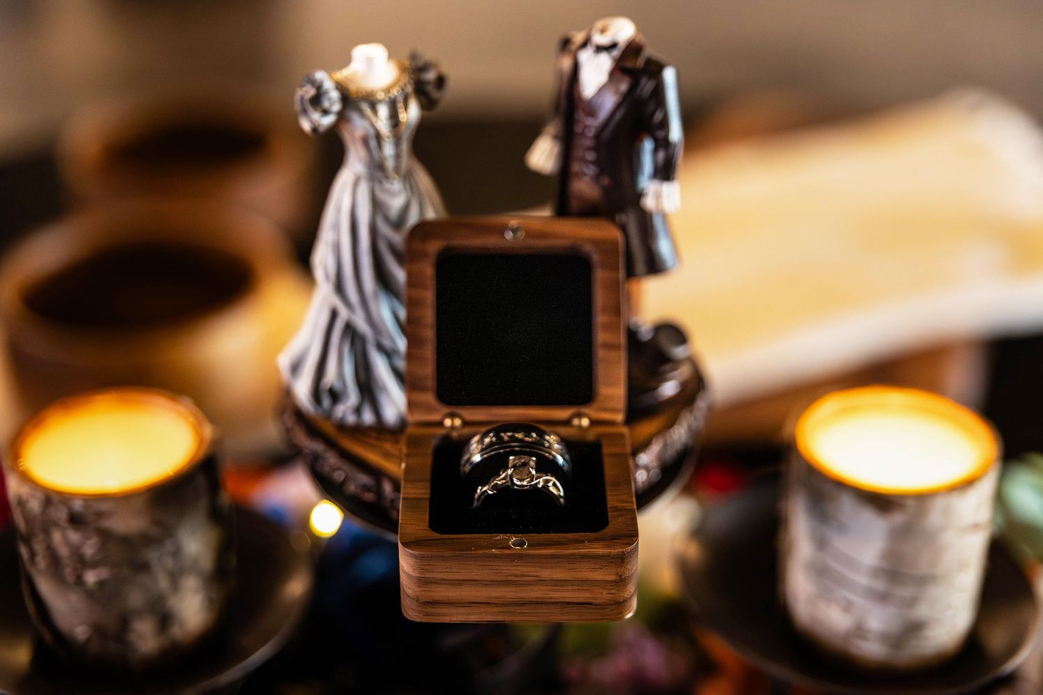 Wedding rings in a wooden box.