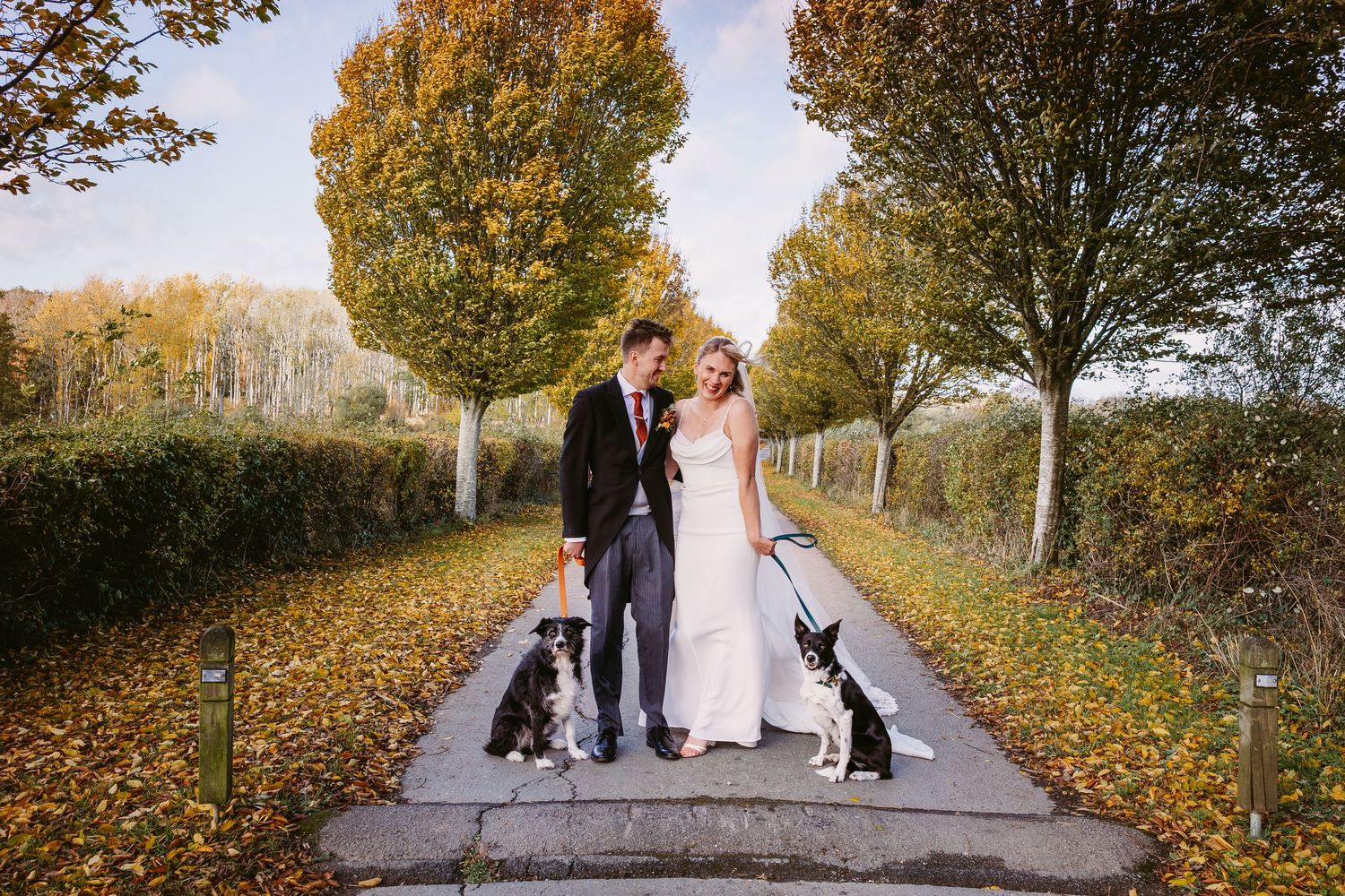 Couple walking along a tree-lined autumn path with golden foliage creating a romantic fall wedding scene at Merriscourt in the Cotswolds.