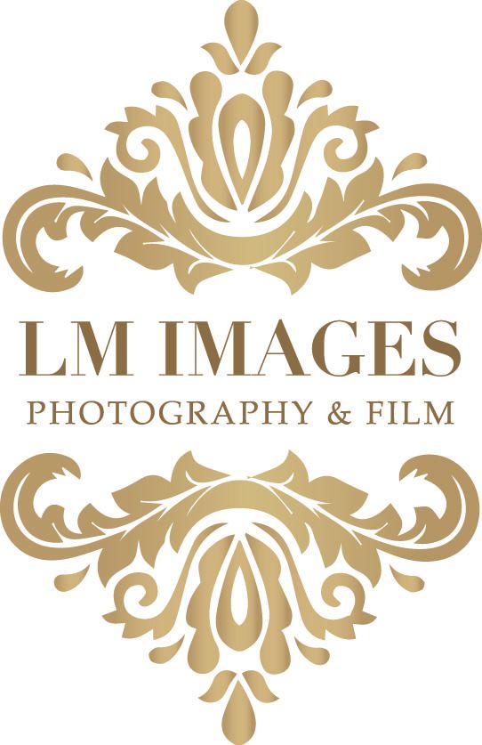 LM Images Photography and Film gold ornate logo design on white background.
