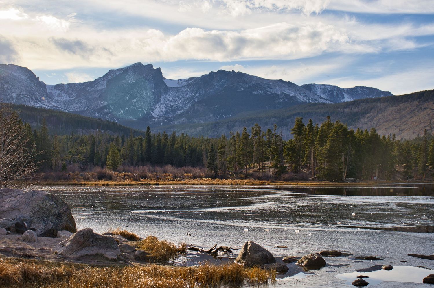 Slightly frozen Sprague Lake, Hallet's Peak and Flattop Mountain in the background. Pixcapades | The Rocky Mountain Proposal Photographer