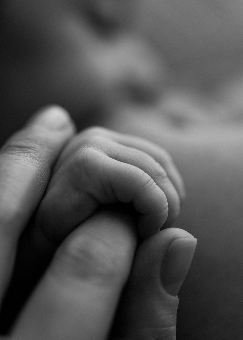 Close-up black and white photo of tiny baby fingers grasping gently moms hand, gentle focus.