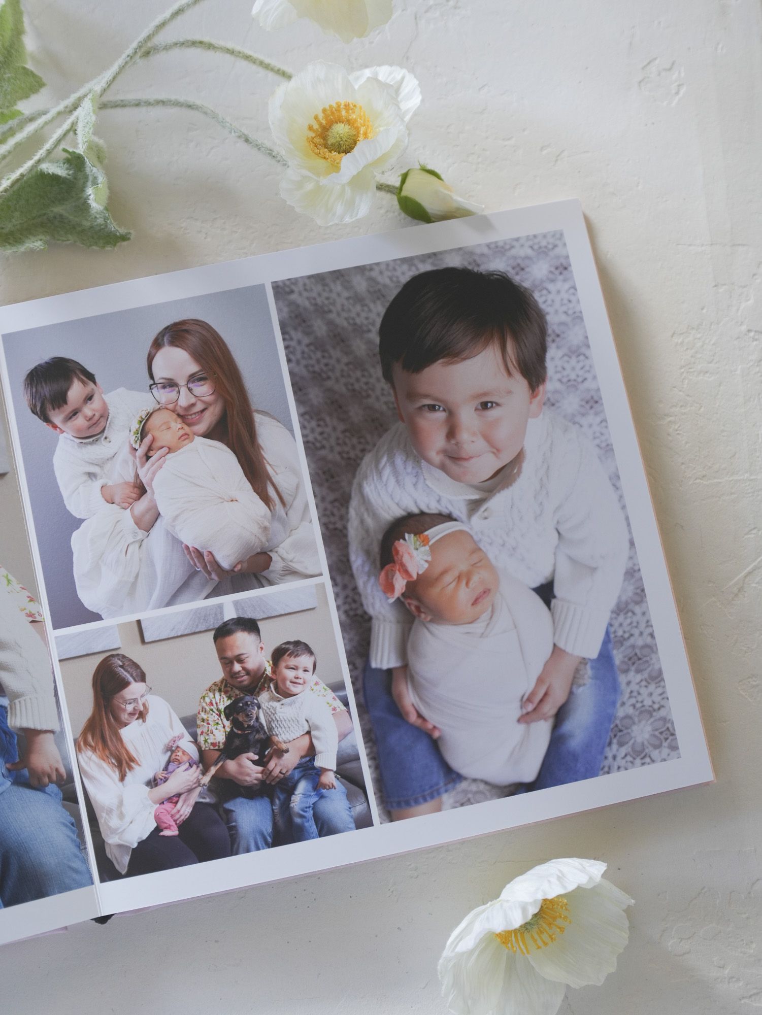 Family photo album spread featuring multiple candid and posed portraits.