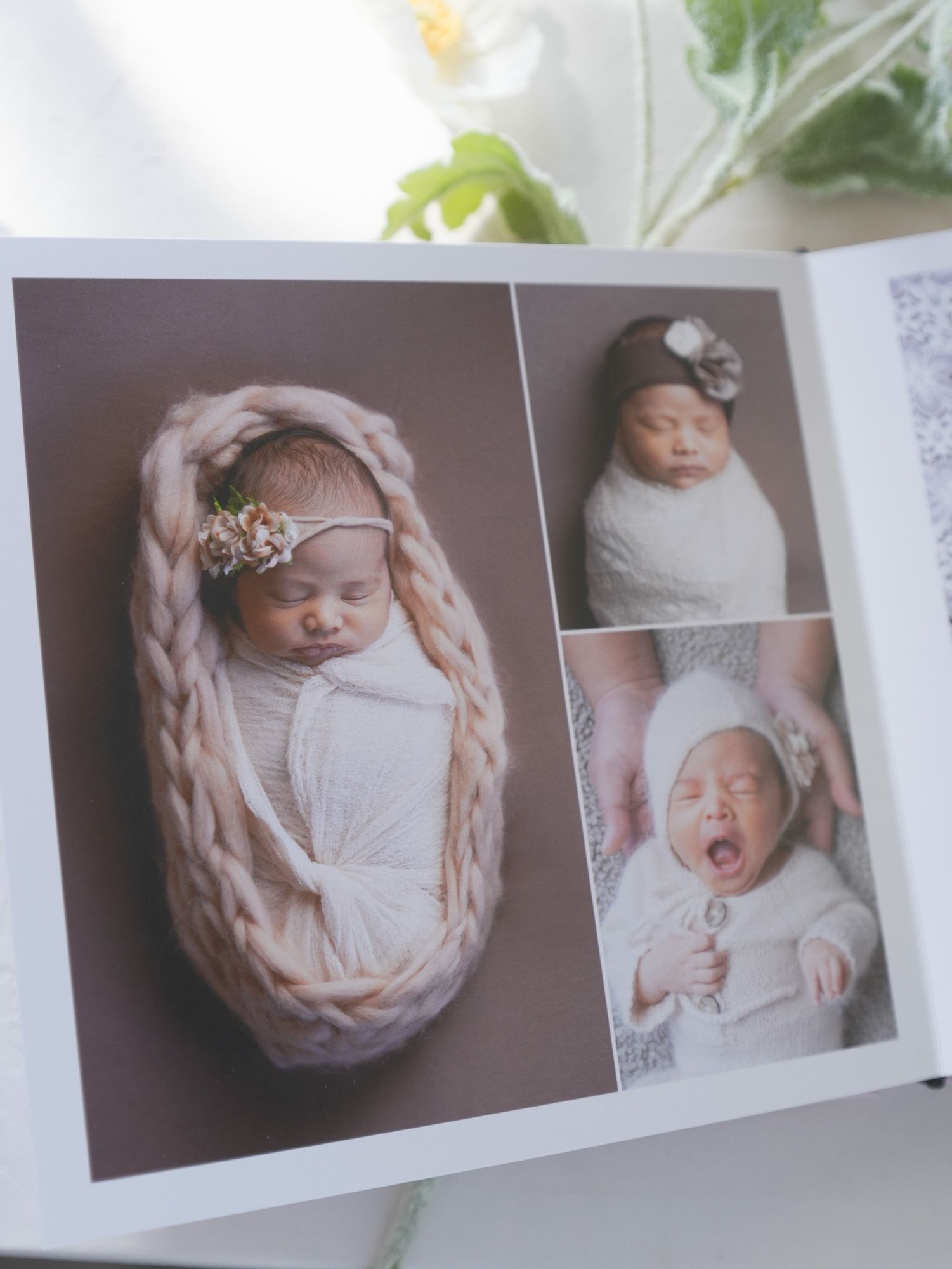 Newborn photography album page showing baby wrapped in soft materials with delicate headbands.