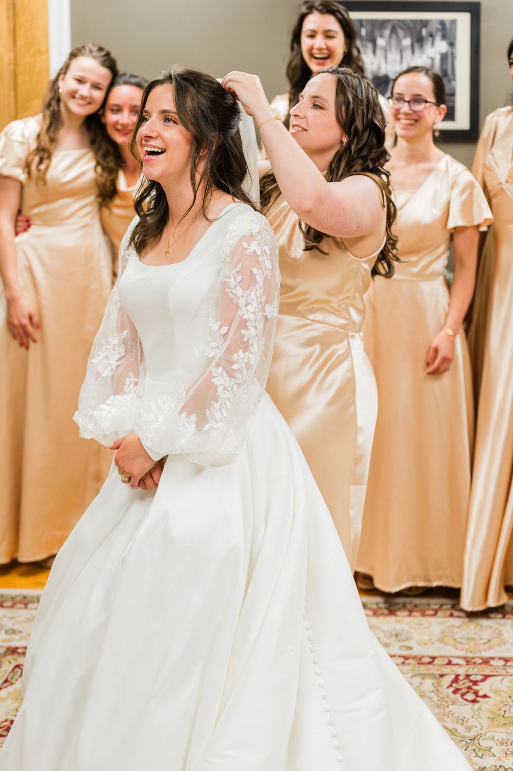 Bride getting ready for her Traditional Latin Mass Wedding at Holy Family Cathedral in Tulsa, Oklahoma.