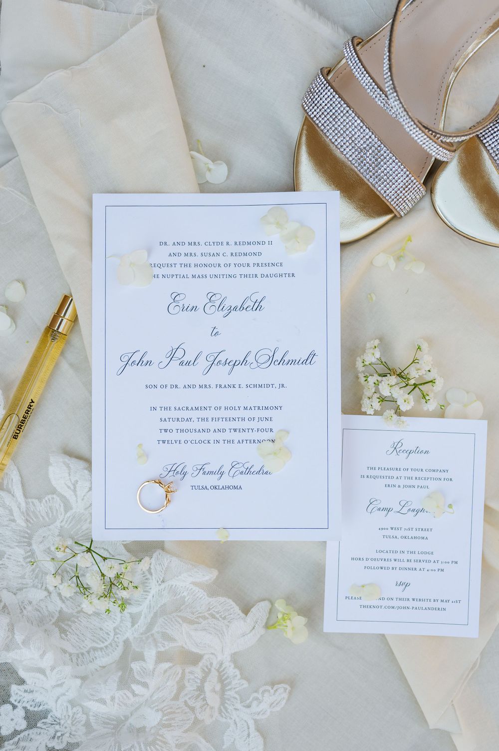 Bridal details for a Traditional Latin Mass Wedding at Holy Family Cathedral in Tulsa, Oklahoma.
