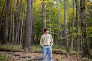 Someone in a cream sweater and jeans stands in a serene autumn forest with golden yellow leaves and tall trees.