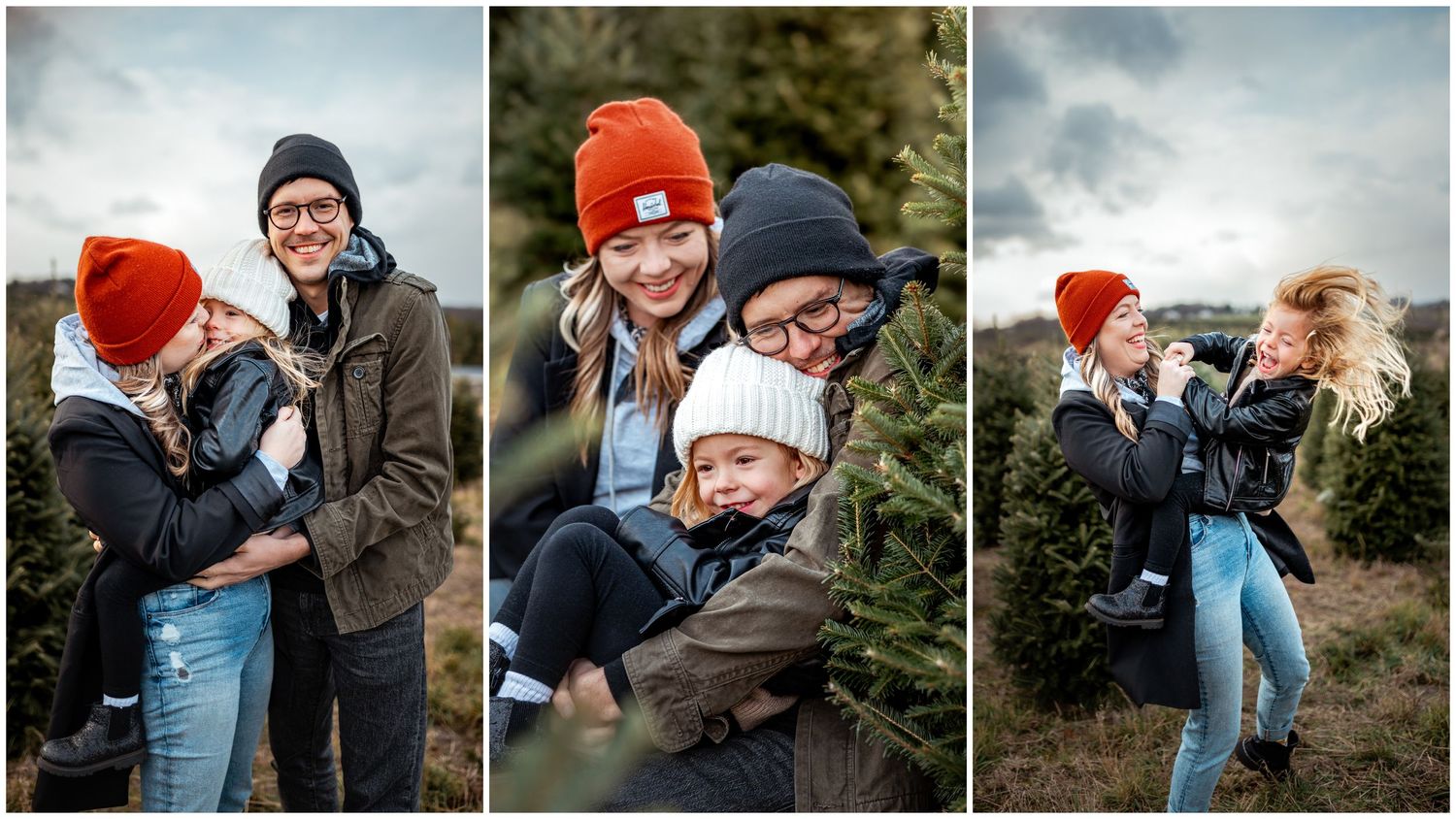A winter photoshoot at a Christmas tree farm showing three candid moments with people wearing red beanies and cozy layers.